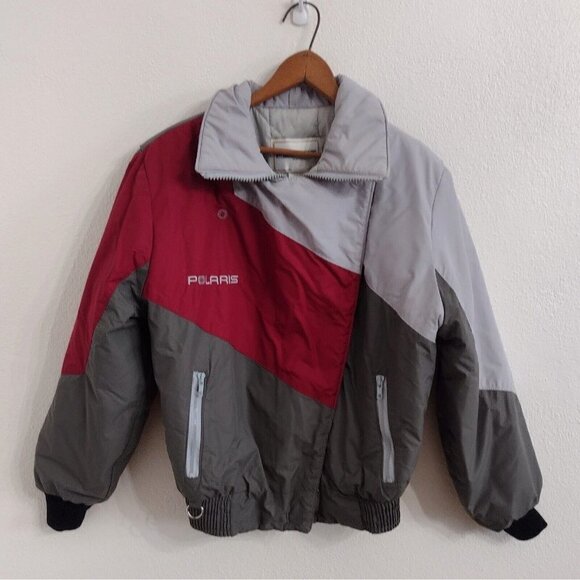Vintage Polaris Union Made Snowmobile Jacket Full Zip Womens M Gray Burgundy - Picture 1 of 10